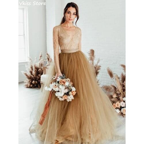 2021 New Prom Dress Champange A-line Lace Simple V-neck Long Sleeves Tulle Illusion Evening Dress vestido de festa de casamento