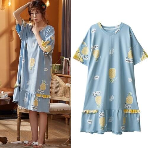 2021 Short-sleeved Womens Sleepwear Cotton Night Gowns Summer Cartoon Nightgowns Home Wear Girls Sleep Lounge Sleeping Dress