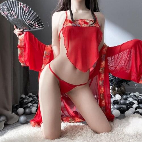 3pcs Red Japanese Naughty Anime Sexy Lingerie Cosplay Erotic Kimono Robe Slutty Dresses Roleplay Costumes for Women Plus Size