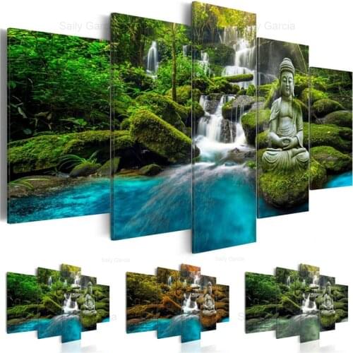 Abstract Waterfall Landscape Canvas Painting 5 Piece Buddha Poster Zen Wall Art Pictures for Home Living Room Cuadros Decoration