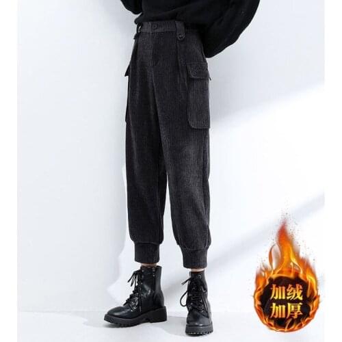 Plus Velvet Corduroy Overalls Womens High-waisted Waistband Was Thin and Thickened Harem Pants Corduroy Casual Pants