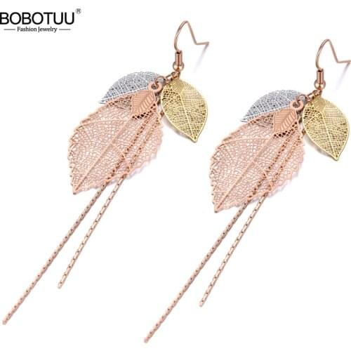 BOBOTUU Original Design Stainless Steel 3Pcs Tree Leaves Tassel Earrings Trendy Bohemia Chain Dangle Earrings For Women BE19275