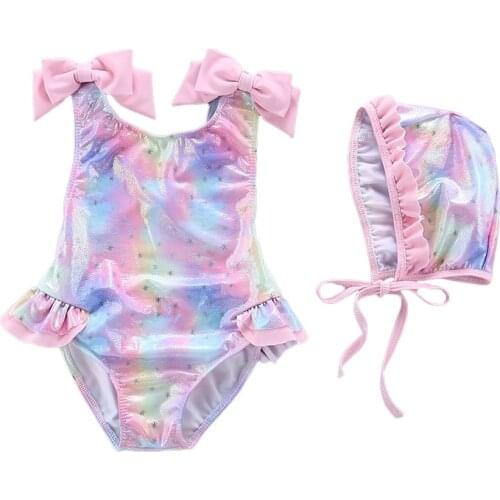 Baby Girl Bodysuit Summer Infant Clothing Sleeveless Rainbow Print Beach Swimsuit One Piece Baby Girl Swim Clothing Jumpsuit+Hat