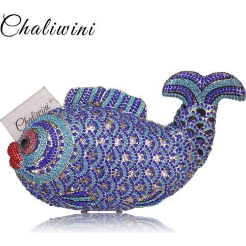 Chaliwini Multi blue Crystal Diamond Women big Fish Evening Clutch Bag Bridal Mini Metal Handbag and Purse Wedding Clutches