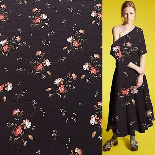Pure silk Crepe DE chine fabric noble floral print on black background,SCDC959