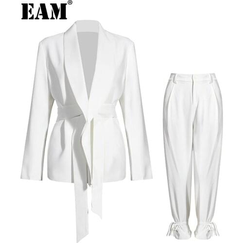 [EAM] Wide Leg Pants Big Size Bandage Two Piece Suit New Lapel Long Sleeve Loose Fit Women Fashion Spring Autumn 2021 1DA241