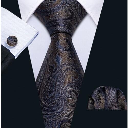 Men Ties Handkerchief Cufflinks Silk Floral Necktie Paisley Gray Tie Wedding 8cm Neck Tie Set Gift for Men Barry.Wang N-5163
