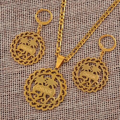 Anniyo Chuuk and Coconut Tree Stainless Steel Pendant Necklace Earrings sets for Women Gold Color Jewelry Ethnic Gift #046821