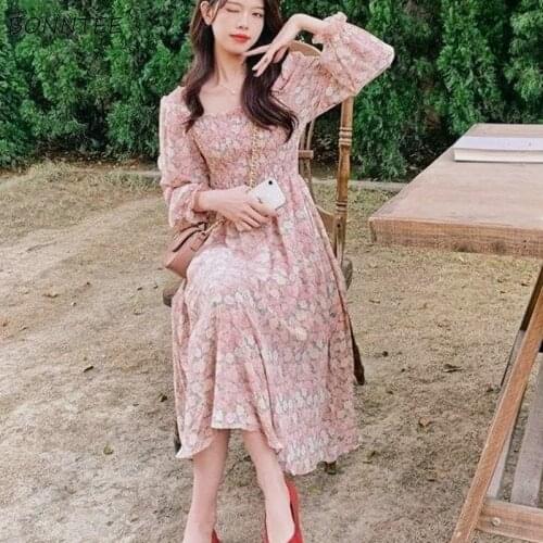 Dress Women Square Collar Floral Elegant French Retro Design Popular Sweet Ladies Chiffon Fashion Friends Holiday Comfortable