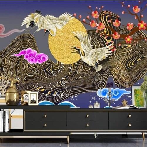 Custom New Chinese Style Wallpaper Photo 3D Hand-painted Crane Cloud Background Wall Mural Home Living Room Bedroom Decoration