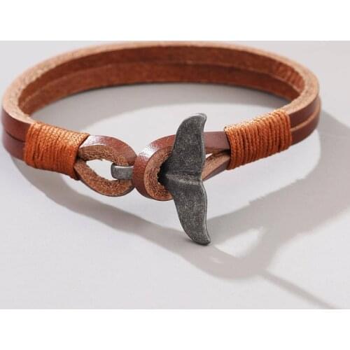Kirykle Simple Leather Bracelet Cow Skin Leather With Fishtail Zinc Alloy Vintage Clasp Bracelet Charm Form Women Men Jewelr