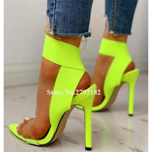 High Quality Women Fashion Pointed Open Toe Yellow Banded Stiletto Heel Gladiator Sandals PVC Strap High Heel Sandals Dress Heel