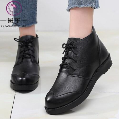 MUYANG Women Boots Genuine Leather Flat Boots Women Ankle Boots Plus Size 34-44 Ladies Shoes Woman Comfortable Winter Boots