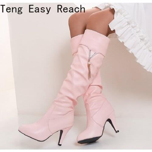 PU Soft Leather Over Knee High Heels Boots Platform Warm Plush Woman 's Winter Long Boots Zapatos Mujer Black White Pink Boots