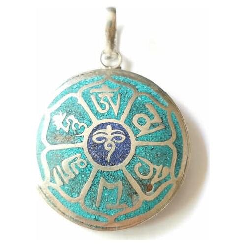 Tibetan Jewelry Pendants Mantra Amulets Copper Inlaid Stone Buddha Eye Round Pendant OM MANI PADME HUM TBP406