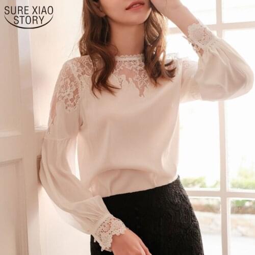 2021 Spring Long Sleeve Blouse New O-neck Lantern Sleeve Elegant White Silk Blouse Women Sexy Hollow Out Lace Blusas Mujer 10226
