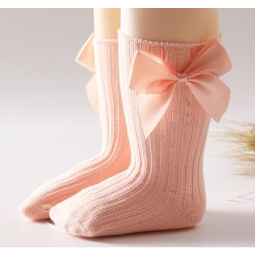 0-12Months Baby Girls Boys Big Bow Socks Cute Candy Color Non Slip Floor Socks Vertical Stripes Cotton Baby Mid Tube Soft Socks