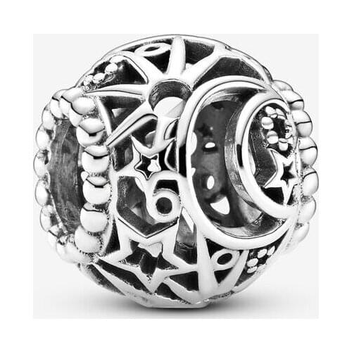 New Original 925 Sterling Silver Bead Openwork Sun Stars & Moon Charm Fit Pandora Bracelet Necklace DIY Women Jewelry