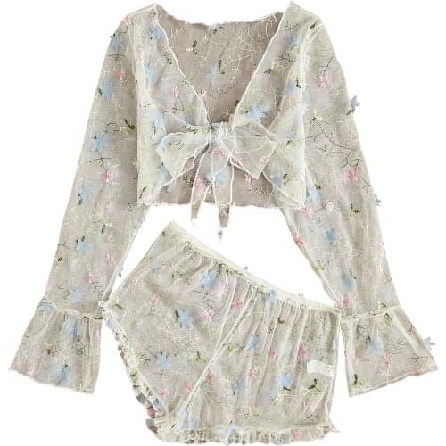 Pyama Woman Set Sleep Tops Women Embroidery Sleepwear Pajamas Lingerie Tops Shorts New Sexy Fashion White Femme Pizama Damska