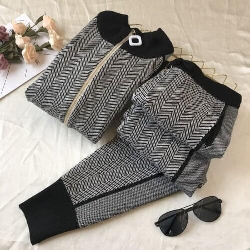Fashion Striped 2pcs Sets Women Knitted Tracksuit Long Sleeve Zipper Cardigan Sweater Outerwear Pants Patchwork Female Suits