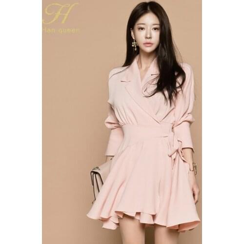 H Han Queen 2021 New Pink Lace-up Spring Dresses Womens Vintage Casual Dress Elegant Korean Slim Simple Work Office Vestidos