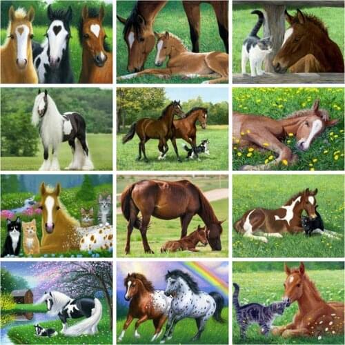 Huacan 5d Diamond Painting Horse Full Drill Mosaic Animal Embroidery Spring Grass Scenery Paintings For Interior Home Decor