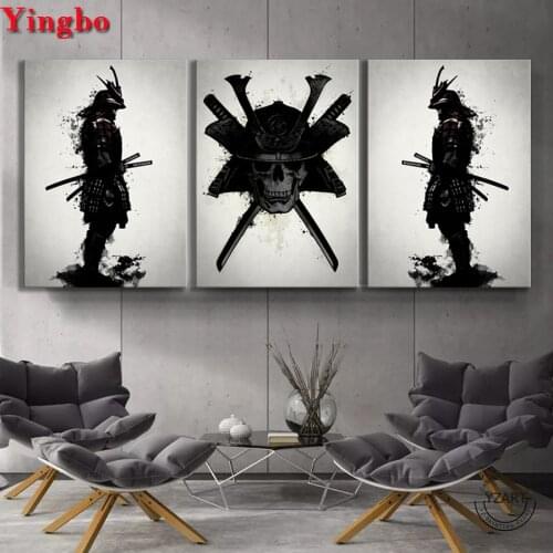Full Squarecircle Drill Diamond Mosaic 3 Panels Japanese samurai Skull Diamond Embroidery bead Cross Stitch Diamond Painting