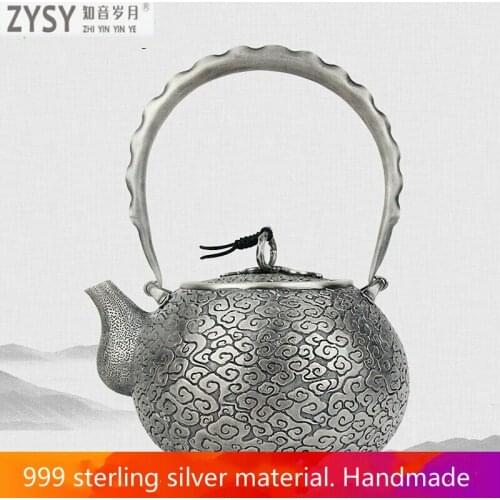 Pure silver Kung Fu tea set, manual production pure silver 999 do old burn water kettle mention beam pot, office gift collection