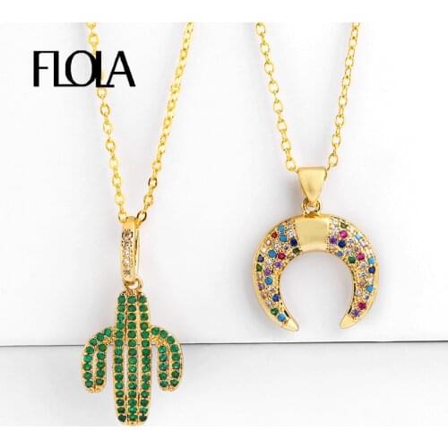 FLOLA CZ Cactus Necklaces Pendants For Woman Colorful Cheap Pendant Crescent Moon Necklace Trendy Beach Necklace Chain nkep27