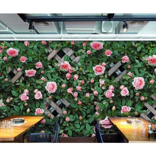 3D Rose green plant background wall TV wood grid rural landscape background decoration mural milk tea shop restaurant wallpaper