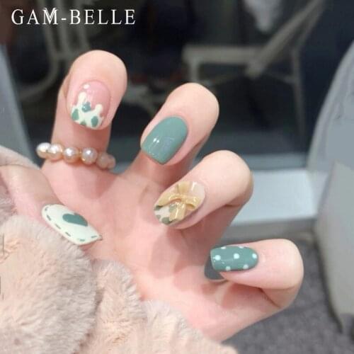 GAM-BELLE 24Pcs Green Dot Heart Graffiti Fake Nails with 3D Bows Detachable Press On Nails Decoration French Square False Nails