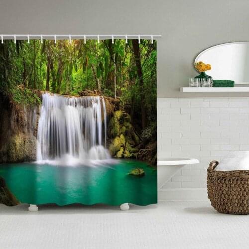 Green Water Falls Polyester Printed Bathroom Shower Curtain Waterproof and Moldproof Comes with Hook Free Perforation Multiple S