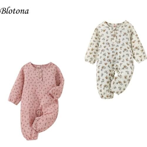 Blotona Infant Baby Flower Pattern Romper, Long Sleeve O-neck Cotton&Linen Jumpsuit for Spring Autumn, 0-18Months