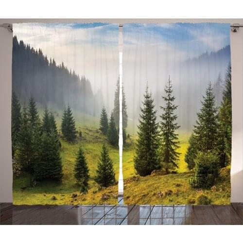 Pines Landscape Curtains Spring Morning Mist Mountain Satin Fabric Drapes for Living Room Bedroom 2 Panel Window Set