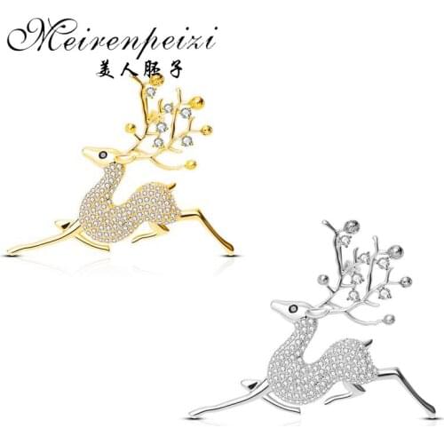 Meirenpeizi 3A Cubic Zirconia Deer Brooch Pin Luxury Crystal Elk Brooches for Women Men Suit Christmas Pin Accessories Jewelry
