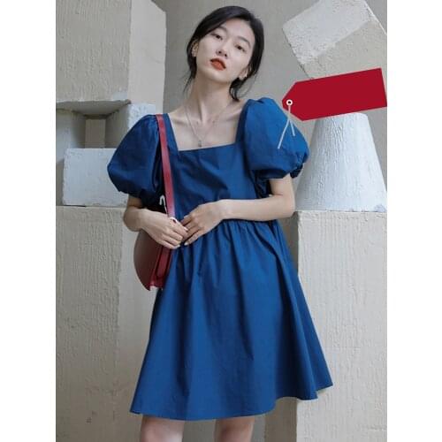 Square Neck Sexy Summer Mini Dress Short Sleeve Female High Waist Black Loose A Line Women Dresses Puff Sleeve Blue White Red