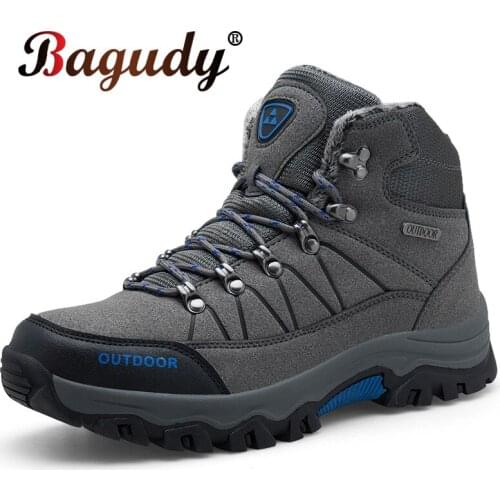 2019 New Fashion Men Hiking Boots Outdoor Work Shoes Split Leather Ankle Snow Boots Shoes Warm Fur Plush Winter Shoes Size 39-46