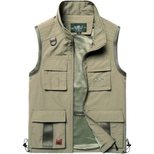 Mens Vest Multi-pocket Loose Photographer Reporter Vests Casual Mens Jacket Sleeveless Vest Khaki Thin Waistcoat 5XL