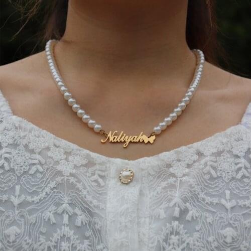 Custom Name Butterfly Pearl Necklace Stainless Steel Jewelry Personalized Necklaces For Women Pearl Choker Gold Chain Collier