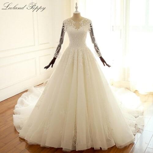Lceland Poppy Real Photos A-line Wedding Dresses 2020 Full Sleeves Lace Appliques Beaded Vestido de Novia Long Bridal Gowns