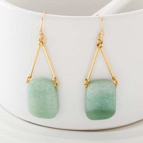 Jaeeyin 2021 Fashion Dangle Natural Green Stone Drop Earring Triangle Copper Line Fish Hook Personality Decorate For Birthday