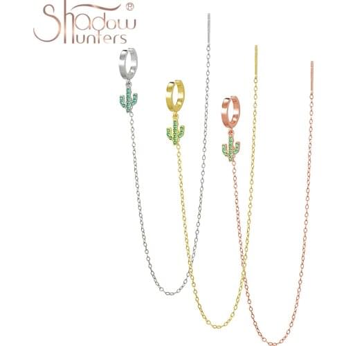 SHADOWHUNTERS Real 925 Sterling Silver Ear Cuff Long Chain Earring Crystal Cactus Charm Clip Ear Piercing Trend Women Jewelry