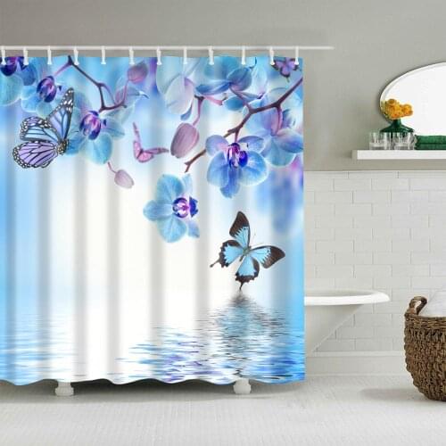 Plant Shower Curtain Blue Phalaenopsis Butterfly Fashion Bath Accessories with Hooks Waterproof Polyester Fabric Bathroom Decor