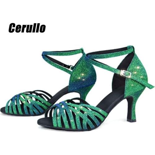 Green Rhinestone Latin Dance Shoes Women Salas Ballroom Shoes Pearl High Heel 9cm Waltz Software Dancing Shoes Hot Sale A318