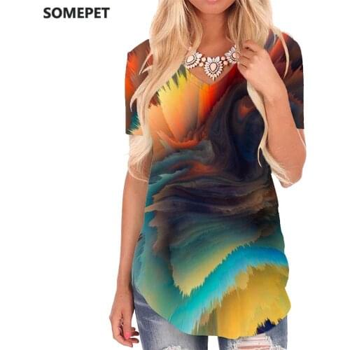 SOMEPET Graffiti T-shirt women Colorful Funny T shirts Dizziness T-shirts 3d Pigment V-neck Tshirt Womens Clothing Summer Loose