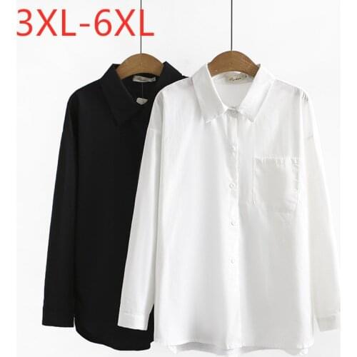 New 2021 Ladies Spring Autumn Plus Size Tops For Women Large Long Sleeve Loose White Black Cotton Pocket Shirt 3XL 4XL 5XL 6XL