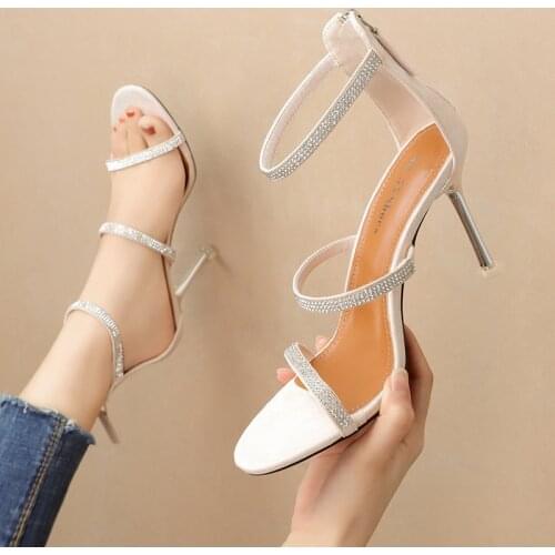 Women sandals PU Sequined Cloth Slip On 9CM Thin Heels High heels Round Toe Rhinestones Bling Shallow women shoes size 35-42