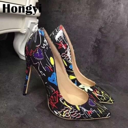 Hot Sale Black Blue White Printed Women High Heels Pointed Toe Pumps Shoes Lady Dress Wedding Shoes Zapatos de mujer Cheap Shoe