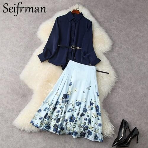 Seifrmann New 2021 Summer Women Fashion Runway Skirt Set Lantern Sleeve Loose Blouses+High Waist A-Line Skirts 2 Two Pieces Suit