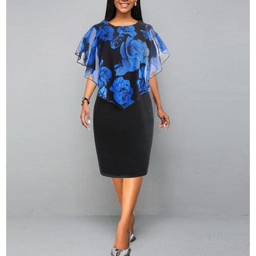 OTEN Women Elegant Fashion Office Lady O-Neck Cloak Dress Rose Print Shawl Slim Fit Party Gowns Bodycon African Outfits Vestidos